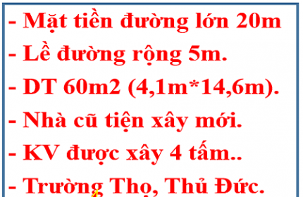 60m2-Mặt tiền đường nhựa 20m- Trường Thọ -TP Thủ Đức-Chỉ 7.8 tỷ